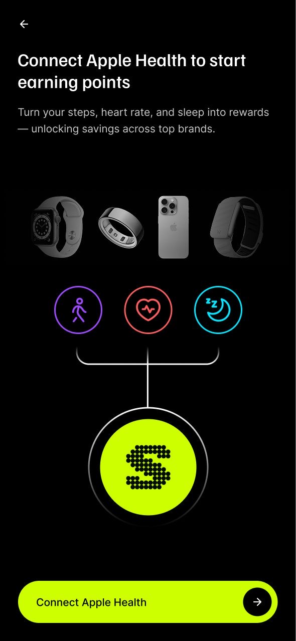SANA Connect Apple Health screen showing wearable devices and health icons
