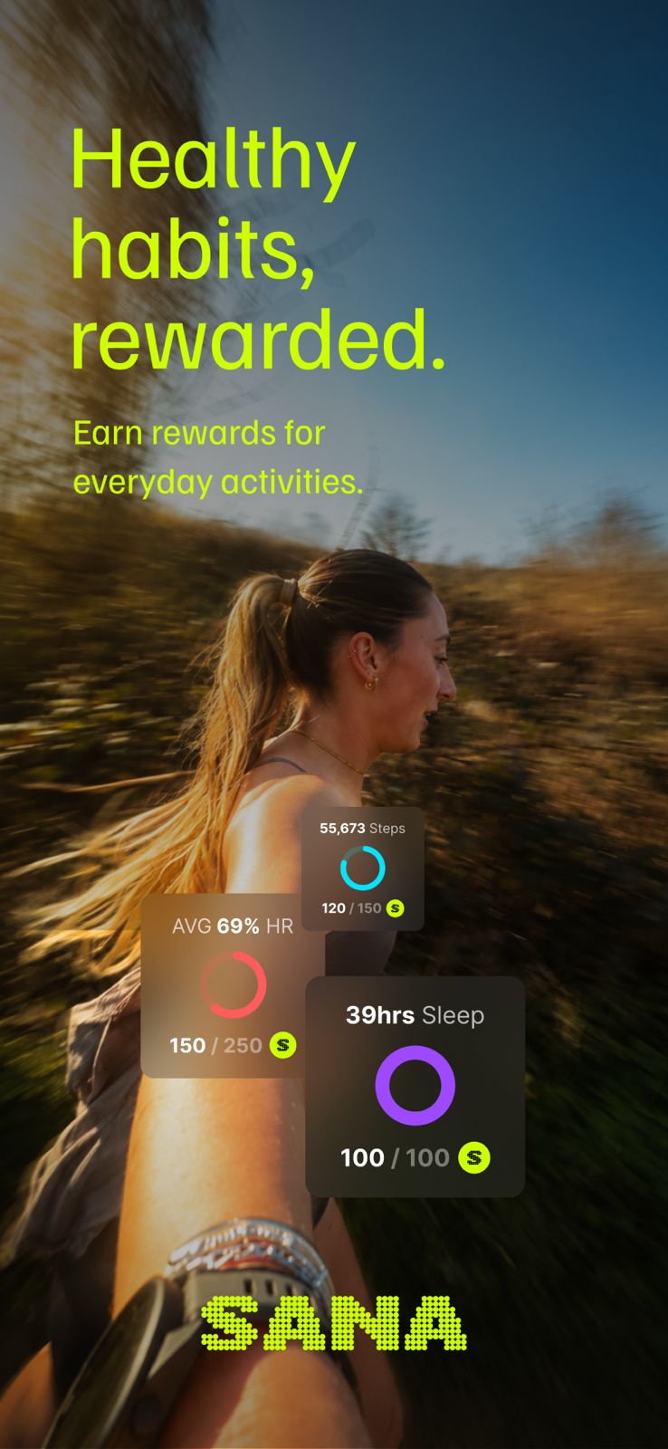 A runner outdoors with SANA activity rings tracking steps, heart rate and sleep