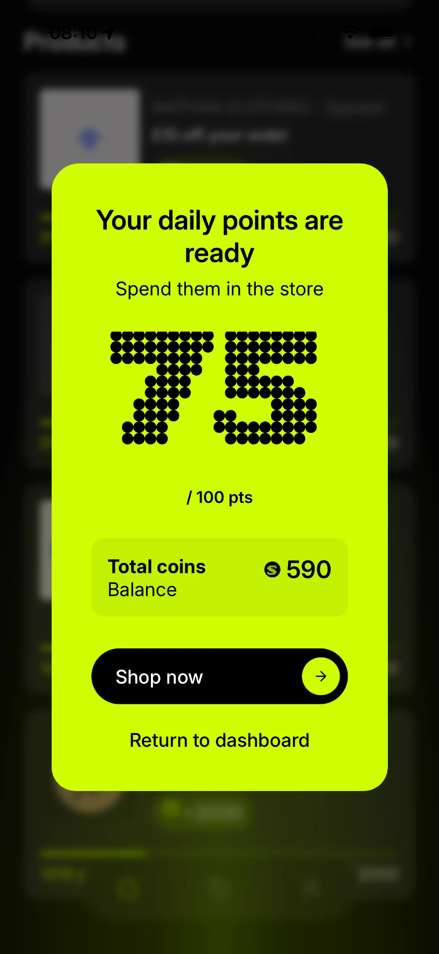 SANA app showing daily points earned