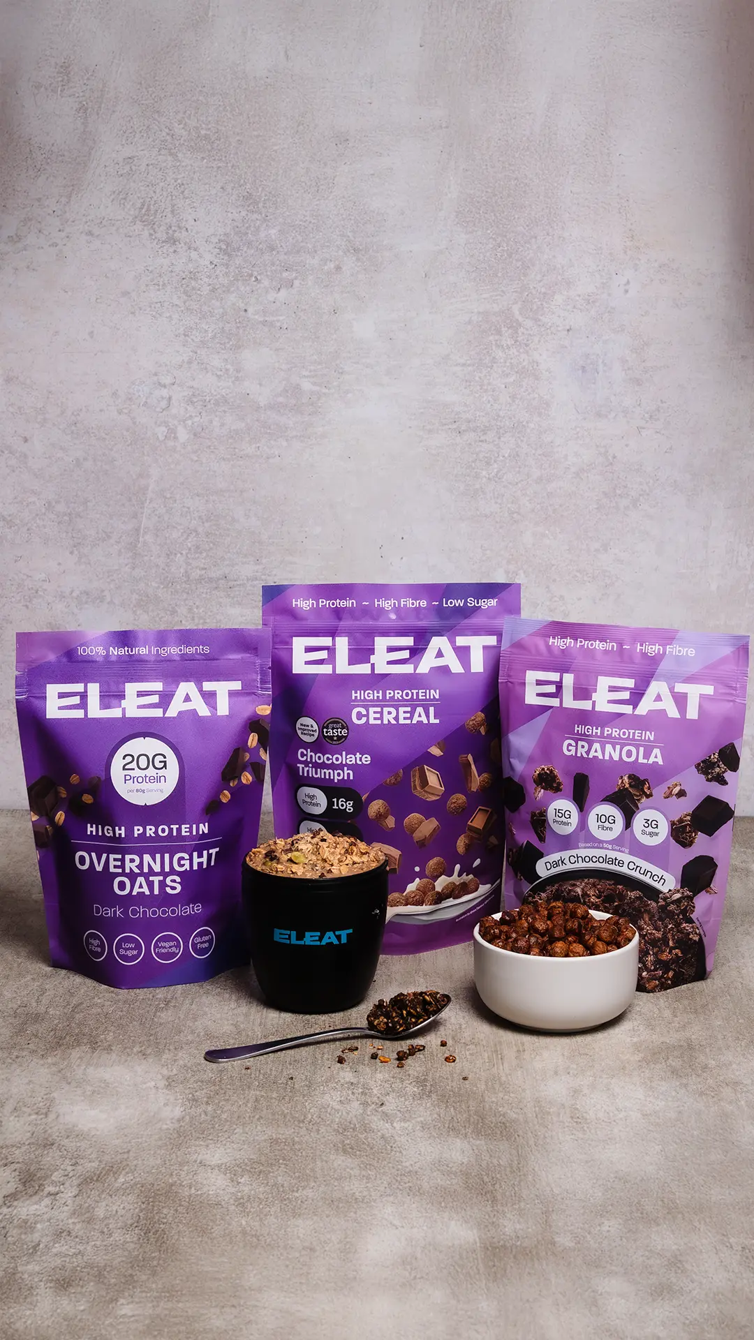 ELEAT high protein cereal, granola and overnight oats products