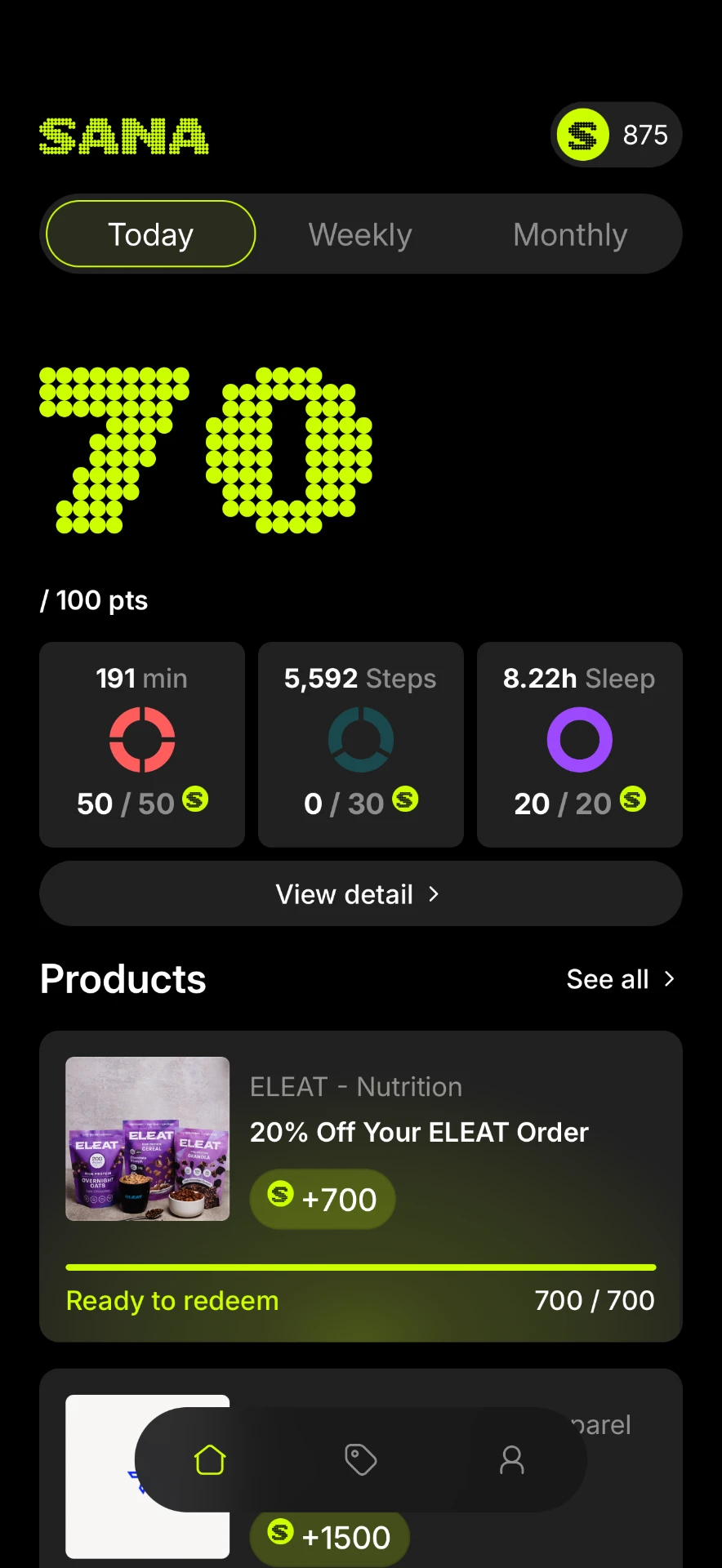 SANA app dashboard showing points, activity rings and ELEAT reward
